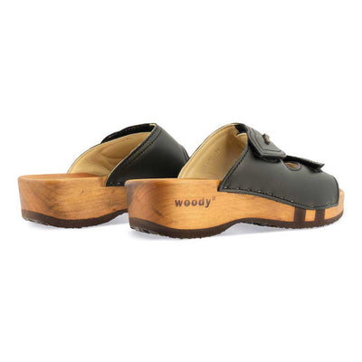 melanie, pantoletten clogs damen mit biegsamer nachhaltiger holzsohle, der bestseller, farbe: schwarz, holzclogs woody, woody schuhe, woody shoes, handgemachte holzschuhe aus österreich, kärnten