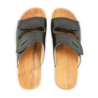 melanie, pantoletten clogs damen mit biegsamer nachhaltiger holzsohle, der bestseller, farbe: schwarz, holzclogs woody, woody schuhe, woody shoes, handgemachte holzschuhe aus österreich, kärnten