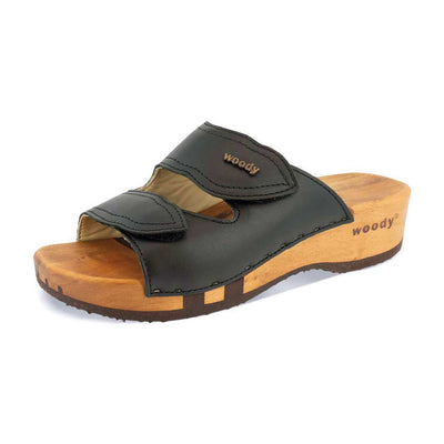 melanie, pantoletten clogs damen mit biegsamer nachhaltiger holzsohle, der bestseller, farbe: schwarz, holzclogs woody, woody schuhe, woody shoes, handgemachte holzschuhe aus österreich, kärnten
