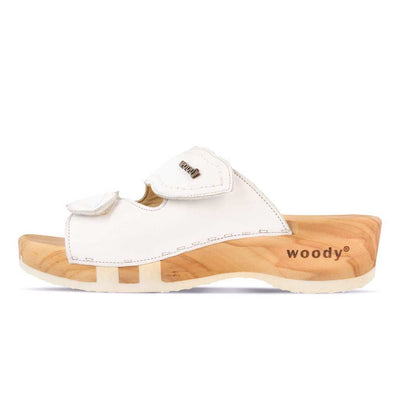 melanie, pantoletten clogs damen mit biegsamer nachhaltiger holzsohle, der bestseller, farbe: weiss, holzclogs woody, woody schuhe, woody shoes, handgemachte holzschuhe aus österreich, kärnten