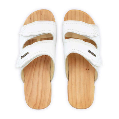 melanie, pantoletten clogs damen mit biegsamer nachhaltiger holzsohle, der bestseller, farbe: weiss, holzclogs woody, woody schuhe, woody shoes, handgemachte holzschuhe aus österreich, kärnten
