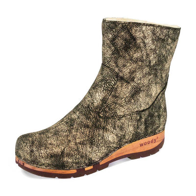 [Noirgold] NENA-clog-boots-stiefel-damen-mit-biegsamer-nachhaltiger-holzsohle-holzclogs-woody-schuhe-woody shoes-handgemachte-holzschuhe-aus-österreich-kärnten, farbe: noirgold (gold mit schwarzen cracks)