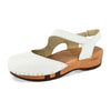 nicole, sandalen clogs damen mit biegsamer nachhaltiger holzsohle, der bestseller, farbe: weiss, holzclogs woody, woody schuhe, woody shoes, handgemachte holzschuhe aus österreich, kärnten