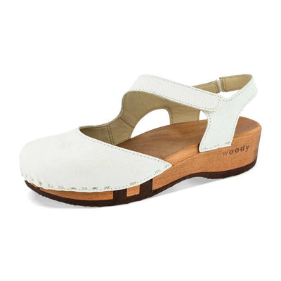 nicole, sandalen clogs damen mit biegsamer nachhaltiger holzsohle, der bestseller, farbe: weiss, holzclogs woody, woody schuhe, woody shoes, handgemachte holzschuhe aus österreich, kärnten