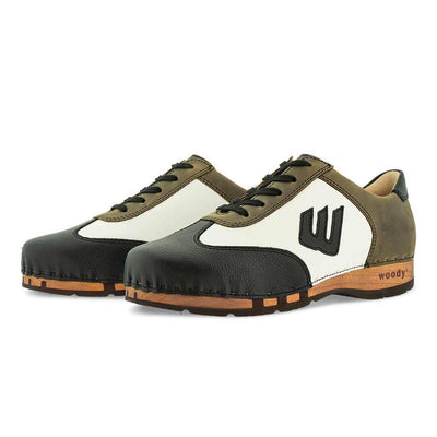 Clog Sneaker Niki Olive Herren Clog von woody Schuhe. Clogs Herren Sneaker. Herrenclog Sneaker woody, Holzschuh, Holz Clog, Holzsohle.niki, sneakers clogs herren mit biegsamer nachhaltiger holzsohle, der bestseller, farbe: nero-oliva alias schwarz-olivgruen, holzclogs woody, woody schuhe, woody shoes, handgemachte holzschuhe aus österreich, kärnten