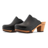 [Schwarz] Nina Damen Clog mit absatz und biegsamer nachhaltiger holzsohle, der bestseller, holzclogs woody, woody schuhe, woody shoes, handgemachte holzschuhe aus österreich, kärnten, farbe: schwarz, glattleder