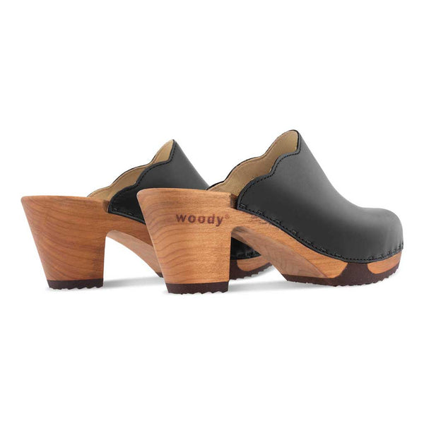 [Schwarz] Nina Damen Clog mit absatz und biegsamer nachhaltiger holzsohle, der bestseller, holzclogs woody, woody schuhe, woody shoes, handgemachte holzschuhe aus österreich, kärnten, farbe: schwarz, glattleder
