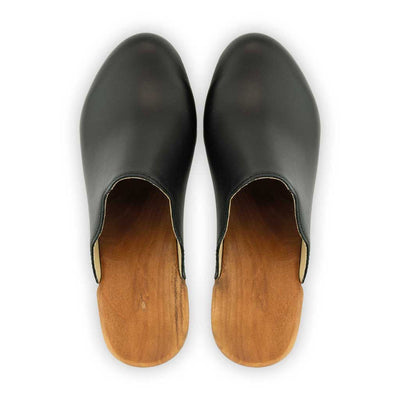 [Schwarz] Nina Damen Clog mit absatz und biegsamer nachhaltiger holzsohle, der bestseller, holzclogs woody, woody schuhe, woody shoes, handgemachte holzschuhe aus österreich, kärnten, farbe: schwarz, glattleder