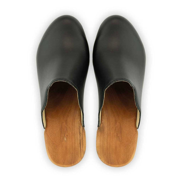 [Schwarz] Nina Damen Clog mit absatz und biegsamer nachhaltiger holzsohle, der bestseller, holzclogs woody, woody schuhe, woody shoes, handgemachte holzschuhe aus österreich, kärnten, farbe: schwarz, glattleder