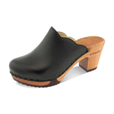 [Schwarz] Nina Damen Clog mit absatz und biegsamer nachhaltiger holzsohle, der bestseller, holzclogs woody, woody schuhe, woody shoes, handgemachte holzschuhe aus österreich, kärnten, farbe: schwarz, glattleder