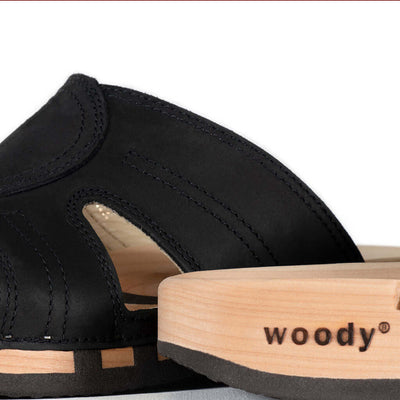 noah, pantoletten clogs herren mit biegsamer nachhaltiger holzsohle, der bestseller, holzclogs woody, woody schuhe, woody shoes, handgemachte holzschuhe aus österreich, kärnten, farbe: nero (schwarz)
