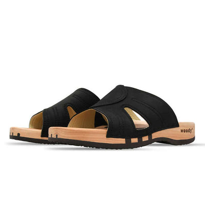 noah, pantoletten clogs herren mit biegsamer nachhaltiger holzsohle, der bestseller, holzclogs woody, woody schuhe, woody shoes, handgemachte holzschuhe aus österreich, kärnten, farbe: nero (schwarz)