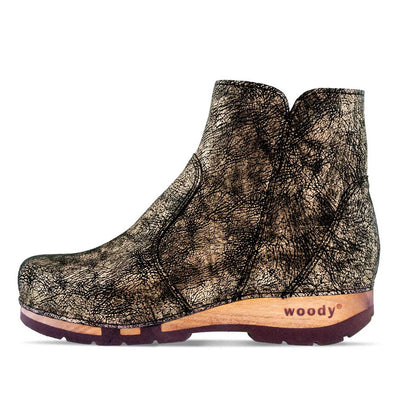 [Noirgold] olga, clog stiefelette damen mit biegsamer nachhaltiger holzsohle, holzclogs woody, woody schuhe, woody shoes, handgemachte holzschuhe aus österreich, kärnten, farbe: noirgold (gold mit schwarzen cracks)