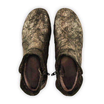[Noirgold] olga, clog stiefelette damen mit biegsamer nachhaltiger holzsohle, holzclogs woody, woody schuhe, woody shoes, handgemachte holzschuhe aus österreich, kärnten, farbe: noirgold (gold mit schwarzen cracks)