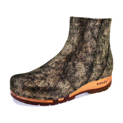 [Noirgold] olga, clog stiefelette damen mit biegsamer nachhaltiger holzsohle, holzclogs woody, woody schuhe, woody shoes, handgemachte holzschuhe aus österreich, kärnten, farbe: noirgold (gold mit schwarzen cracks)