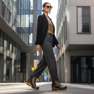 [Noirgold] olga, clog stiefelette damen mit biegsamer nachhaltiger holzsohle, holzclogs woody, woody schuhe, woody shoes, handgemachte holzschuhe aus österreich, kärnten, farbe: noirgold (gold mit schwarzen cracks)