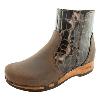 [Caffe-Brown] olga, clog stiefelette damen mit biegsamer nachhaltiger holzsohle, farbe: caffe-brown (braun), holzclogs woody, woody schuhe, woody shoes, handgemachte holzschuhe aus österreich, kärnten