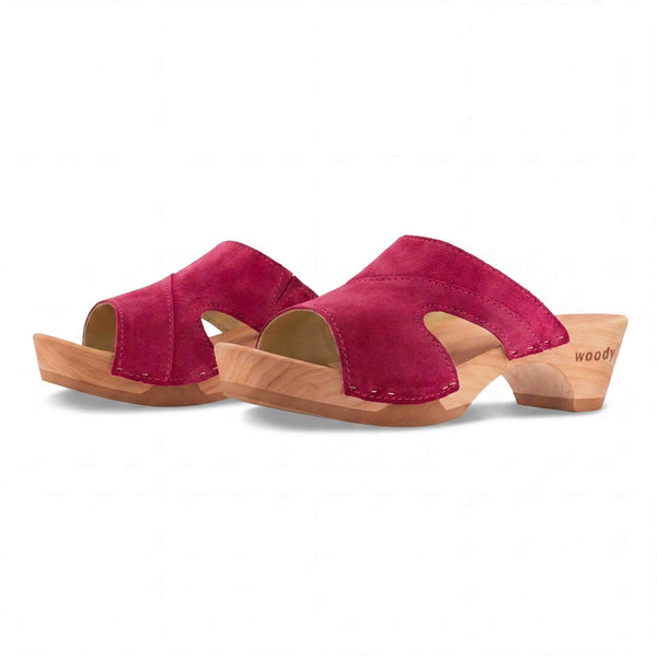 woody Fiona Damen-Pantolette in Fuxia mit offener Zehenpartie und Holzsohle - handgefertigt in Oesterreich