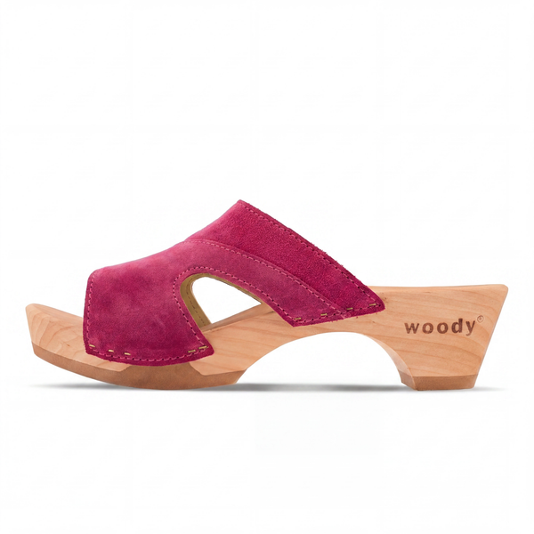 woody Fiona Damen-Pantolette aus Leder in Fuxia mit biegsamer Holzsohle - handgefertigt in Oesterreich