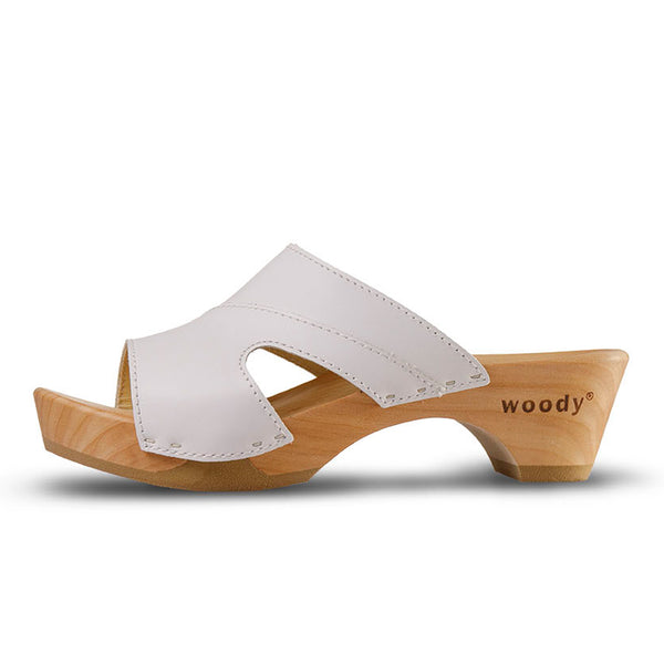 woody Fiona Damen-Pantolette aus Leder in Weiss mit biegsamer Holzsohle - handgefertigt in Oesterreich