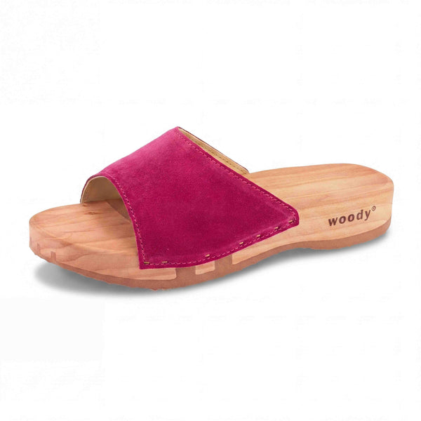 woody Heidi Damen-Pantolette in Fuxia, Detailansicht Leder und Holzsohle - handgefertigt in Oesterreich
