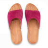 woody Heidi Damen-Pantolette in Fuxia, Rueckansicht mit Holzsohle - handgefertigt in Oesterreich
