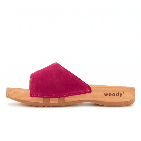 woody Heidi Damen-Pantolette aus Leder in Fuxia mit biegsamer Holzsohle - handgefertigt in Oesterreich