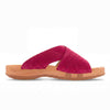 woody Mila Damen-Pantolette in Fuxia von oben mit Lederoberflaeche - handgefertigt in Oesterreich