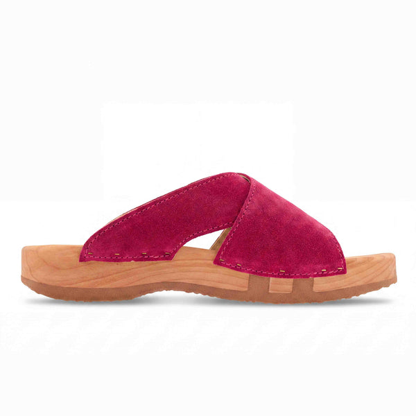 woody Mila Damen-Pantolette in Fuxia von oben mit Lederoberflaeche - handgefertigt in Oesterreich