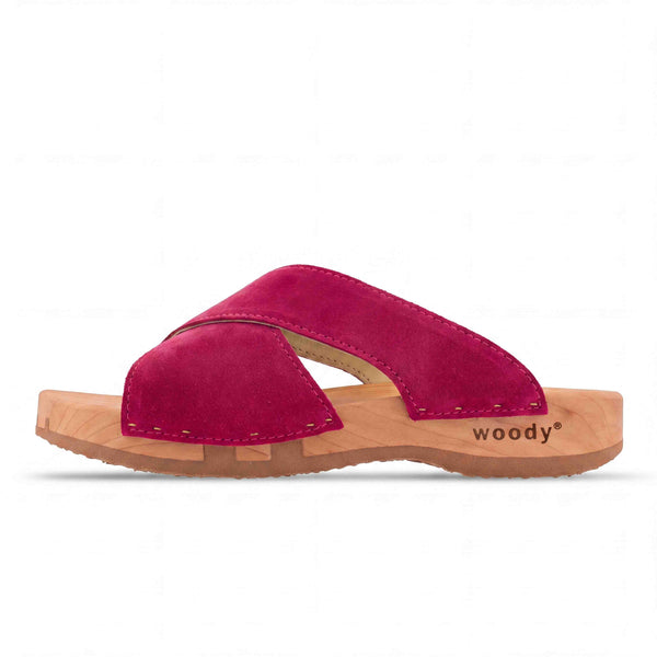 woody Mila Damen-Pantolette aus Leder in Fuxia mit biegsamer Holzsohle - handgefertigt in Oesterreich