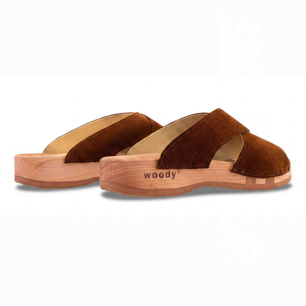 woody Mila Damen-Pantolette in Hazelnut mit offener Zehenpartie und Holzsohle - handgefertigt in Oesterreich