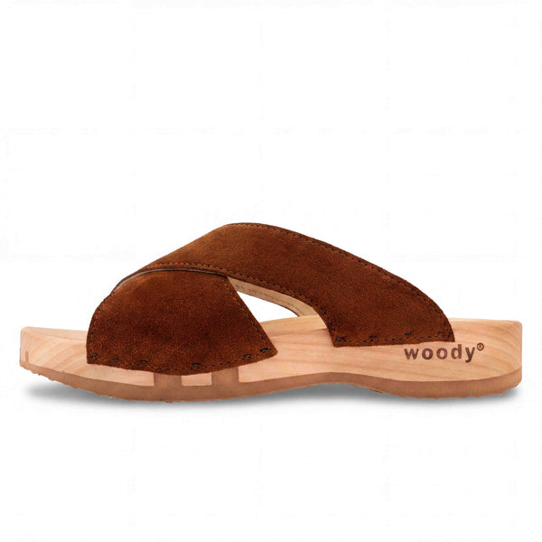 woody Mila Damen-Pantolette aus Leder in Hazelnut mit biegsamer Holzsohle - handgefertigt in Oesterreich