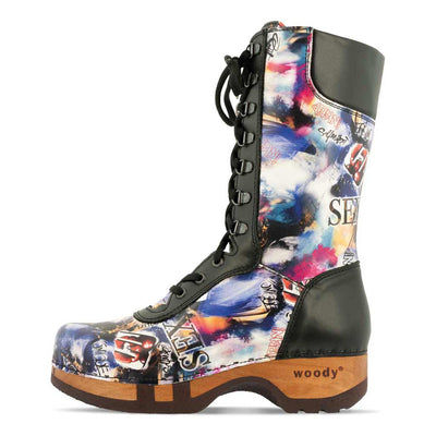 [Sex & Rock'n'Roll] Kaiser Franz Joseph] Heike, clog lammfell gefütterter clog stiefel damen mit biegsamer nachhaltiger holzsohle, farbe: sex & rock'n'roll (multicolor), holzclogs woody, woody schuhe, woody shoes, handgemachte holzschuhe aus österreich, kärnten