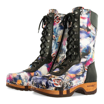 [Sex & Rock'n'Roll] Kaiser Franz Joseph] Heike, clog lammfell gefütterter clog stiefel damen mit biegsamer nachhaltiger holzsohle, farbe: sex & rock'n'roll (multicolor), holzclogs woody, woody schuhe, woody shoes, handgemachte holzschuhe aus österreich, kärnten