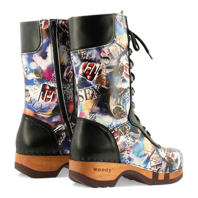 [Sex & Rock'n'Roll] Kaiser Franz Joseph] Heike, clog lammfell gefütterter clog stiefel damen mit biegsamer nachhaltiger holzsohle, farbe: sex & rock'n'roll (multicolor), holzclogs woody, woody schuhe, woody shoes, handgemachte holzschuhe aus österreich, kärnten