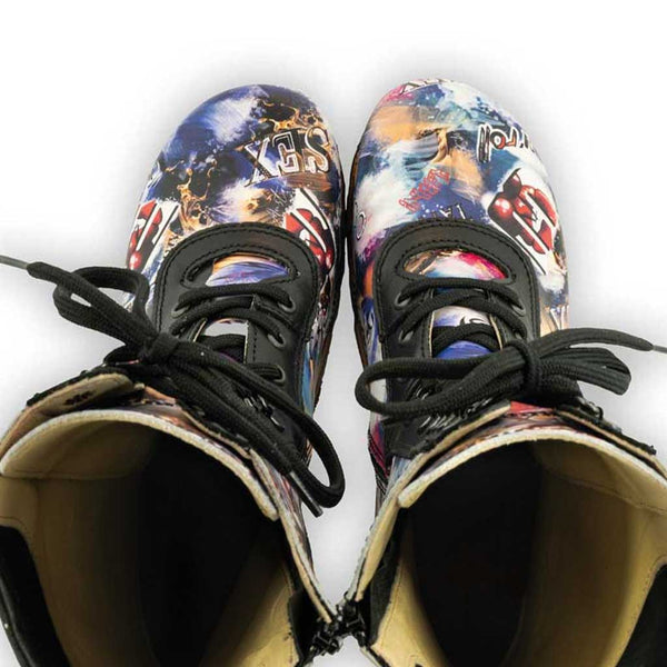 [Sex & Rock'n'Roll] Ramona Clog Stiefel - lammfell gefütterter clog stiefel mit biegsamer nachhaltiger holzsohle, farbe: sex & rock'n'roll (multicolor), holzclogs woody, woody schuhe, woody shoes, handgemachte holzschuhe aus österreich, kärnten