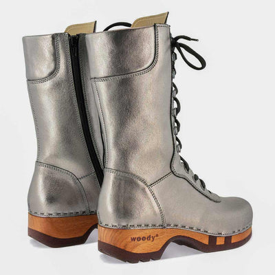 [Titan] Ramona von woody Schuhe. Damen Stiefel mit hohem Schaft bestellen. Holzclog Stiefel. Holzstiefel. Stiefel für Damen handgemacht. Handgemachte Stiefel kaufen., farbe: titan