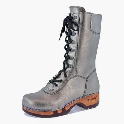 [Titan] Ramona von woody Schuhe. Damen Stiefel mit hohem Schaft bestellen. Holzclog Stiefel. Holzstiefel. Stiefel für Damen handgemacht. Handgemachte Stiefel kaufen., farbe: titan