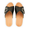 [Schwarz mit Schmuck] Romina Damen Clog Pantolette mit Zierschnalle – elegant, mit biegsamer Sohle – Farbe: Schwarz mit silberner Schnalle (strassbesetzt)
