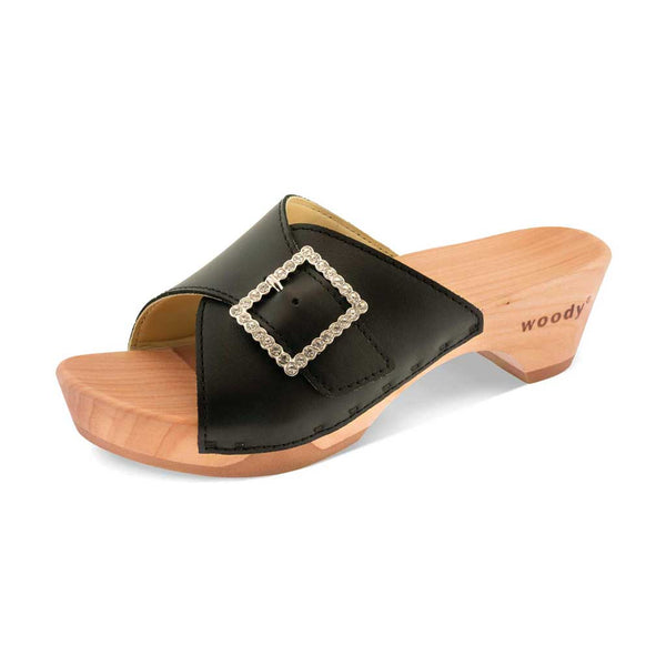 [Schwarz mit Schmuck] Romina Damen Clog Pantolette mit Zierschnalle – elegant, mit biegsamer Sohle – Farbe: Schwarz mit silberner Schnalle (strassbesetzt)