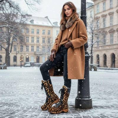 [Ghepardo] Rosanna Fell Damen Clog Stiefel von woody Schuhe. Damen Stiefel mit hohem Schaft bestellen. Holzclog Stiefel. Holzstiefel. Stiefel für Damen handgemacht. Handgemachte Stiefel kaufen. - farb: ghepardo (animalprint)