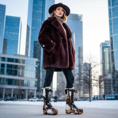 [Natur Fell] Rosanna Fell Damen Clog Stiefel von woody Schuhe. Damen Stiefel mit hohem Schaft bestellen. Holzclog Stiefel. Holzstiefel. Stiefel für Damen handgemacht. Handgemachte Stiefel kaufen. - farbe natur fell. Kuhfellstiefel woody. kuhfell clogs