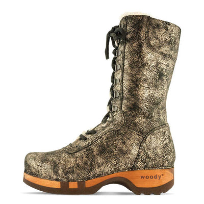 [Noirgold] clogs damen rosanna winter stiefel. winter stiefel, winterclogs, winterclog. damenstiefel clogs leder. damen stiefel leder gefüttert bestellen, winterclogs, stiefel mit holzschuhe, holzclogs stiefeln kaufen. farbe: noirgold (gold mit schwaren cracks)