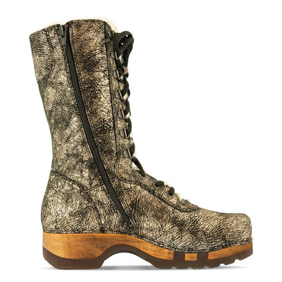 [Noirgold] clogs damen rosanna winter stiefel. winter stiefel, winterclogs, winterclog. damenstiefel clogs leder. damen stiefel leder gefüttert bestellen, winterclogs, stiefel mit holzschuhe, holzclogs stiefeln kaufen. farbe: noirgold (gold mit schwaren cracks)