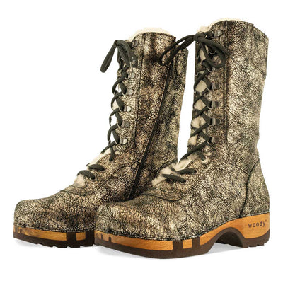 [Noirgold] clogs damen rosanna winter stiefel. winter stiefel, winterclogs, winterclog. damenstiefel clogs leder. damen stiefel leder gefüttert bestellen, winterclogs, stiefel mit holzschuhe, holzclogs stiefeln kaufen. farbe: noirgold (gold mit schwaren cracks)