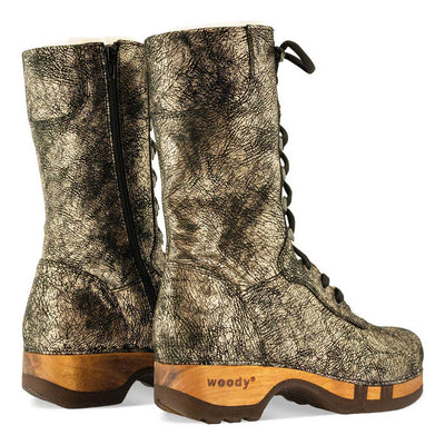 [Noirgold] clogs damen rosanna winter stiefel. winter stiefel, winterclogs, winterclog. damenstiefel clogs leder. damen stiefel leder gefüttert bestellen, winterclogs, stiefel mit holzschuhe, holzclogs stiefeln kaufen. farbe: noirgold (gold mit schwaren cracks)