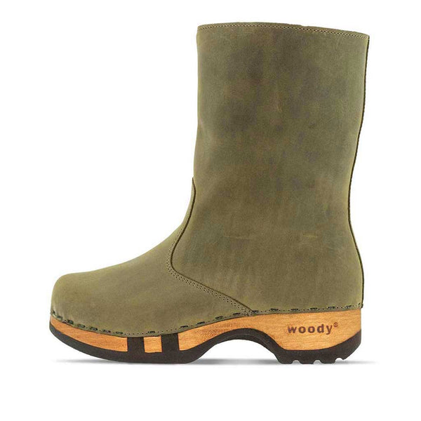 [Olivia] rose, clog schlupfstiefel damen mit biegsamer nachhaltiger holzsohle, holzclogs woody, woody schuhe, woody shoes, handgemachte holzschuhe aus österreich, kärnten, farbe: olivia (olivgruen)