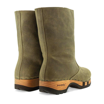 rose, farbe: olivia (olivgruen), clog schlupfstiefel damen mit biegsamer nachhaltiger holzsohle, holzclogs woody, woody schuhe, woody shoes, handgemachte holzschuhe aus österreich, kärnten