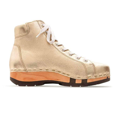 [Gold] roxy, clog sneakers für damen mit hohem schaft und biegsamer nachhaltiger holzsohle, farbe: gold (glattleder), holzclogs woody, woody schuhe, woody shoes, handgemachte holzschuhe aus österreich, kärnten