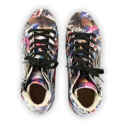 [Sex & Rock'n'Roll] Roxy Clogs Damen Sneaker Argentino von woody Schuhe. Clogs Damen roxy, clog sneakers für damen mit hohem schaft und biegsamer nachhaltiger holzsohle, farbe: sex & rock'n'roll (multicolor-print), holzclogs woody, woody schuhe, woody shoes, handgemachte holzschuhe aus österreich, kärnten